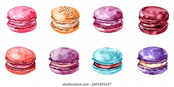 A set of appetizing french macaroon cakes png. Watercolor macaroons on a transparent background. Concept of desserts and sweets. Vector illustration.