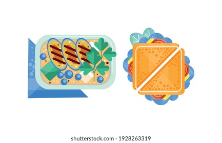 Set of Appetizing Fresh Food for Breakfast or Lunch Flat Vector Illustration