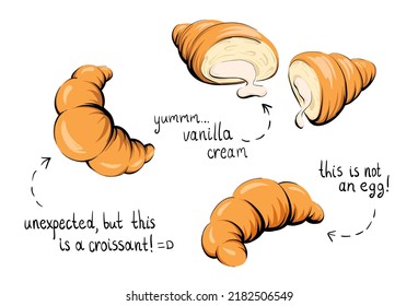 Set von fesselnden heißen Croissants mit handgeschriebenem Text. Frisches Bäckerei. Croissant halbiert mit Sahne. Handgezeichneter Kuchen. Doodle. Einzeln auf weißem Hintergrund.