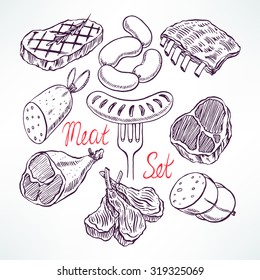 set of appetizing meat products. hand-drawn illustration