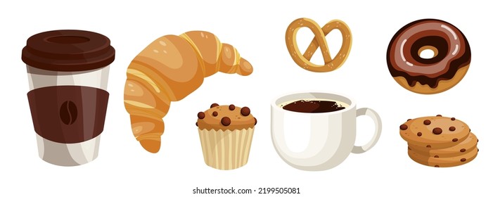 A Set Of Appetizing Pastry Pastries And Fragrant Coffee.Cartoon Vector Graphics.