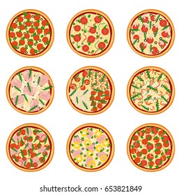 Set of appetizing pizzas, vector illustration