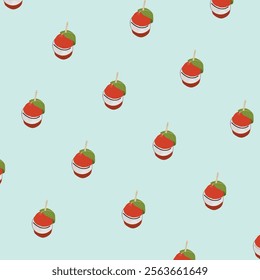 A set of appetizing skewer sticks and canapes pattern illustrations, light blue background. Ideal for food packaging, fabric, stationery, greeting cards, and party decorations.