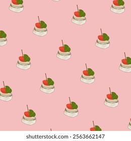 A set of appetizing skewer sticks and canapes pattern illustrations, pink background. Ideal for food packaging, fabric, stationery, greeting cards, and party decorations.