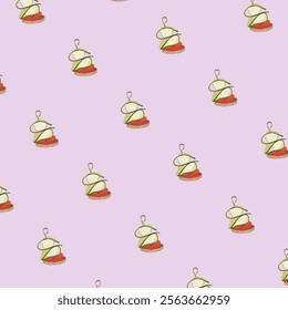 A set of appetizing skewer sticks and canapes pattern illustrations, on a light purple background. Ideal for food packaging, fabric, stationery, greeting cards, and party decorations.