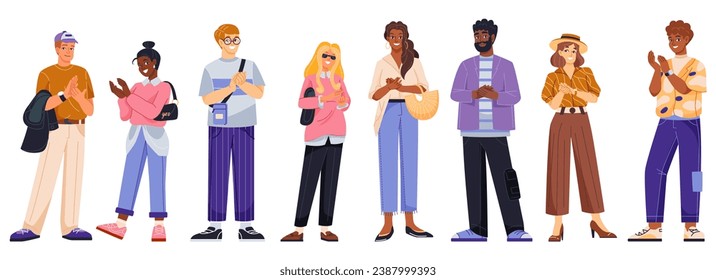 Set of applauding people. Joyful men and women clapping with hands, cheering and celebrating. Characters support and express appreciation. Cartoon flat vector collection isolated on white background