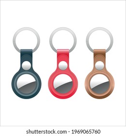 Set of Apple Airtags, illustration of a blue, red and brown leather AirTag key ring