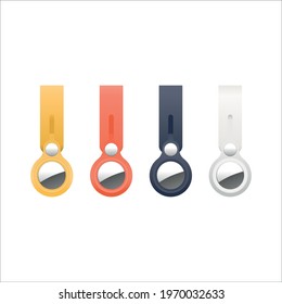 Set of Apple Airtags, Vector illustration of a yellow, orange, blue and white key ring, lost and found devise, NFC tracker, chip, track and trace