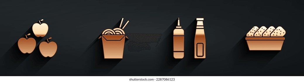 Set Apple, Asian noodles and chopsticks, Sauce bottle and Chicken nuggets in box icon with long shadow. Vector