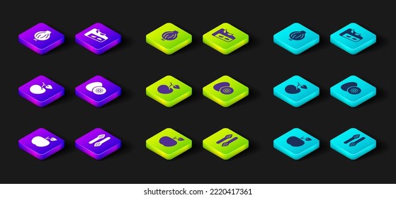 Set Apple, Asparagus, Peach fruit or nectarine, Kiwi, Homemade pie and Garlic icon. Vector