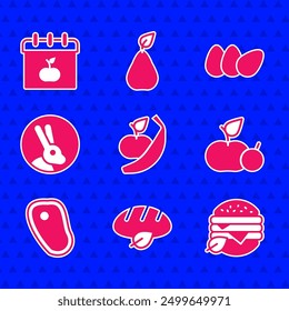 Set Apple and banana, Vegan bread loaf, food diet, Steak meat, Rabbit, Chicken egg and World Vegetarian day icon. Vector