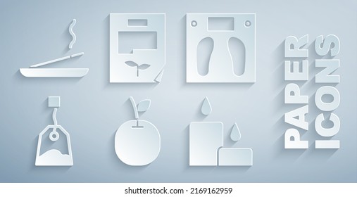 Set Apple, Bathroom scales, Tea bag, Burning candle, Leaf document and Scented spa stick icon. Vector