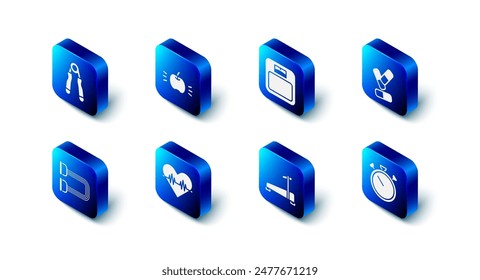 Set Apple, Bathroom scales, Vitamin pill, Stopwatch, Treadmill machine, Heart rate, Chest expander and Sport icon. Vector