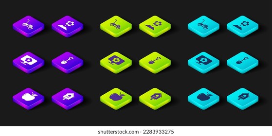 Set Apple, Bird house, Location with flower, Shovel, Flower and Lawn mower icon. Vector