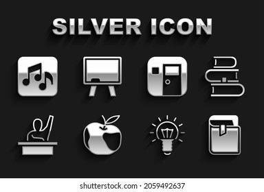 Set Apfel, Buch, Glühbirne, Männliche Kinder die Hand heben, Schulklasse, Musiknote, Ton und Tafel Symbol. Vektorgrafik
