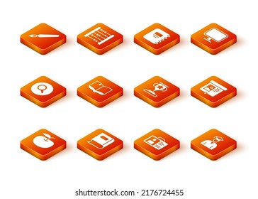 Set Apple, Book, Magnifying Glass, Open Book, Identification Badge, Award Cup, Graduate And Graduation Cap And Projection Screen Icon. Vector