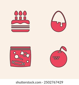 Set Apple, Cake with burning candles, Chocolate egg and Candy packaging for sweets icon. Vector