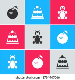 Set Apple, Cake and Jelly bear candy icon. Vector