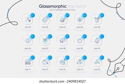 Set of Apple carrot, Salad and Pecan nut line icons for web app. Wind energy, Dirty water, Deckchair icons. Iceberg, Slow fashion, Organic tested signs. Plants watering, Leaves, Weather. Vector