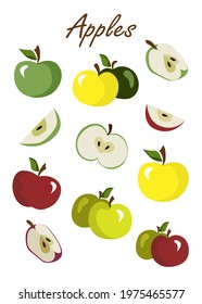 A set of apple cartoons, red, green, yellow apples, apple slices and cut pieces, healthy juicy fruits, vitamins, summer friuts