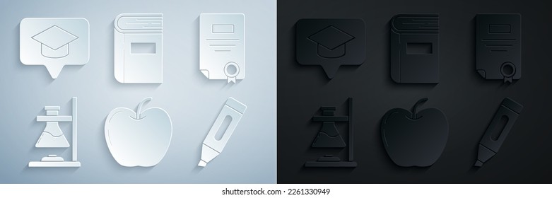 Set Apple, Certificate template, Glass test tube flask on fire, Marker pen, Book and Graduation cap in speech bubble icon. Vector