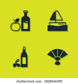 Set Apple cider bottle, Fan flamenco, Bottle of olive oil and Yacht sailboat icon. Vector.