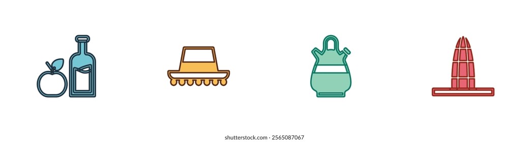 Set Apple cider bottle, Spanish hat, Sangria pitcher and Agbar tower icon. Vector