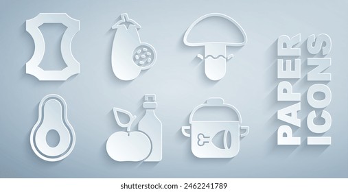 Set Apple cider vinegar in bottle, Mushroom, Avocado fruit, Cooking pot and chicken leg, Eggplant and Leather icon. Vector