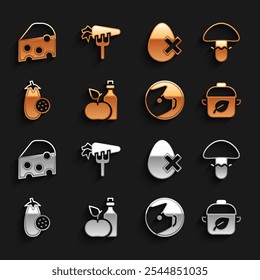 Set Apple cider vinegar in bottle, Mushroom, Vegan food diet, Pig, Eggplant, No egg, Cheese and Carrot icon. Vector