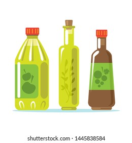 Set of apple cider vinegar, flavored vinegar and balsamic. Design elements for leaflet, booklet or sticker. Harvest symbol. Ingredients for cooking, baking, salad dressing and preservation.