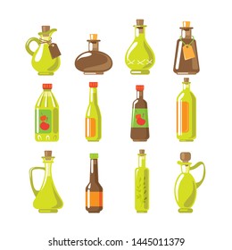 Set Of Apple Cider Vinegar, Malt Vinegar And Balsamic. Design Elements For Leaflet, Booklet Or Sticker. Harvest Symbol. Ingredients For Cooking, Baking, Salad Dressing And Preservation.