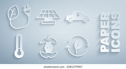 Set Apple core, Electric car, Thermometer, Recycle symbol with leaf, Solar energy panel and saving plug in icon. Vector
