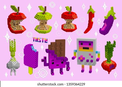 A set of apple cores Icons. Taste of food in the digital world. Knowledge of things. Pixel art game style. Isometric 3d cubes. Pink chocolate character. Garlic and aubergine,beet and ice cream vector
