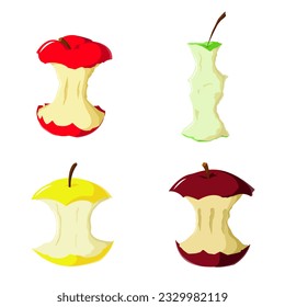 Set of apple cores. Vector flat illustrations. Isolated objects on a white background.