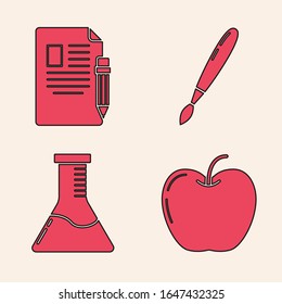 Set Apple, Exam sheet and pencil with eraser, Paint brush and Test tube and flask chemical laboratory icon. Vector