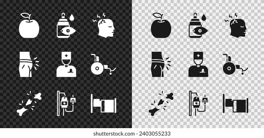 Set Apple, Eye drop bottle, Man having headache, Human broken bone, IV bag, Hospital bed, Abdominal bloating and Male doctor icon. Vector