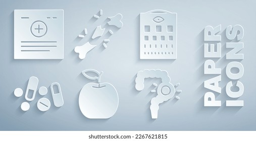 Set Apple, Eye test chart, Medicine pill or tablet, Gut constipation, Human broken bone and Clinical record icon. Vector