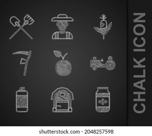 Set Apple, Farm house, Jar of honey, Tractor, Garden sprayer for fertilizer, Scythe, Corn and Shovel icon. Vector