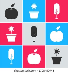 Indique Apple, Flor en olla e icono Árbol. Vector