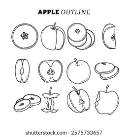 Set of apple fruit kit outline collection with line art style, whole apple, stack, half and sliced apples, bitten apple, fresh organic healthy food for diet and vegan, vegetarian. Vector illustration