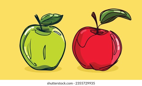 Set of Apple fruit, Vector illustration in one line sketch style, flat hand drawn sketch, Colorful fruit with shadow and light, isolated on colored background.
