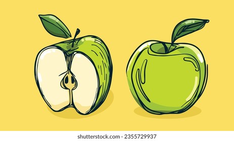 Set of Apple fruit, Vector illustration in one line sketch style, flat hand drawn sketch, Colorful fruit with shadow and light, isolated on colored background.