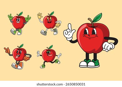 Set of Apple fruit in vintage comic style cartoon illustration