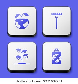 Set Apple, Garden rake, Sprout and Spray against insects icon. White square button. Vector