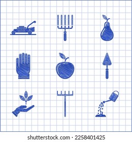 Set Apple, Garden rake, Watering can with water, trowel spade or shovel, Plant hand of environmental protection, gloves, Pear and Lawn mower icon. Vector