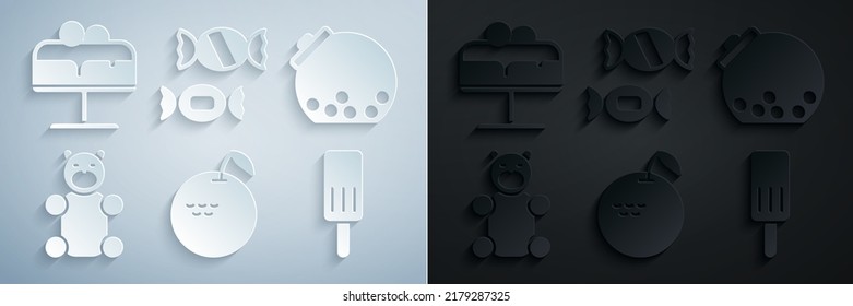 Set Apple, Glass jar with candies inside, Jelly bear candy, Ice cream, Candy and Cake on plate icon. Vector