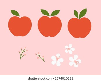 Set of apple with green leaves, white flower and cute branch icon signs on pink background vector.