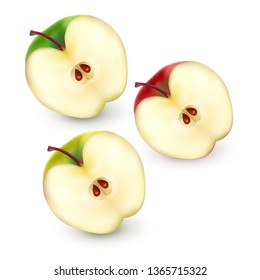 Set of Apple halves on white background, vector illustration with Apple slices of red, green and yellow colors