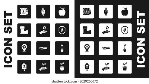 Fijar Apple, Flor de sujeción de mano, Bota de goma impermeable, Corn el saco, Escudo con hoja, Pala e icono de ubicación. Vector