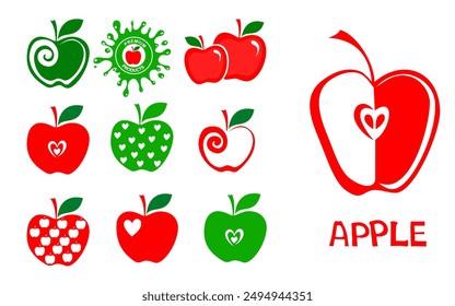 Conjunto de icono de manzana aislado sobre fondo blanco. Icono de frutas y logotipo de frutas diseño de frutas frescas, alimentos naturales. Ilustración vectorial. Fruta de jardín entera y en rodajas. Abstractas diseño plano dibujado comida saludable